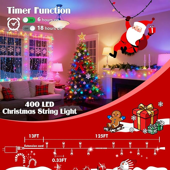 Smart Color Changing Christmas Lights, 138FT 400LED App Control RGB LED String Light with Remote & Timer, Twinkle Smart String Lights Waterproof Christmas Decorations