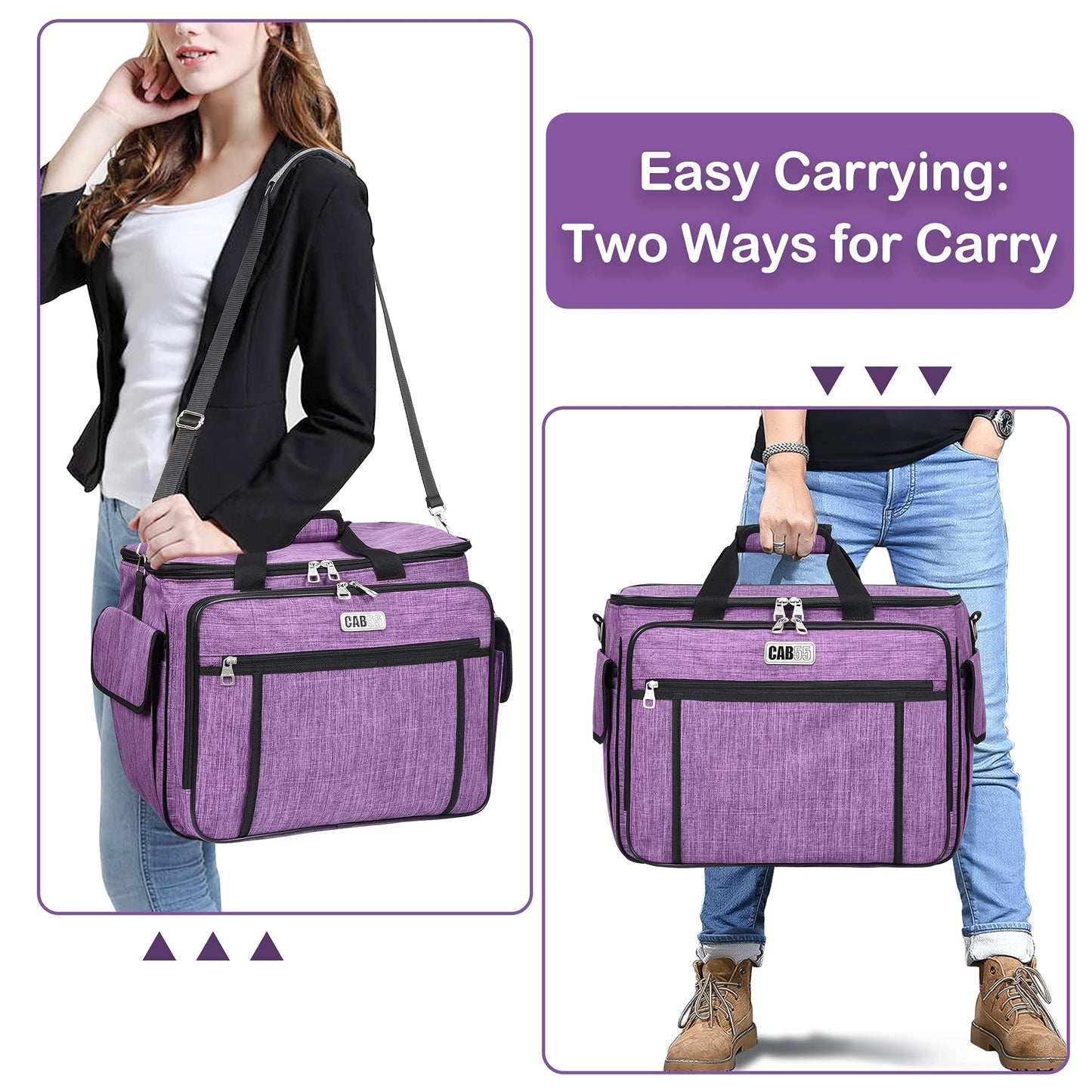 CAB55 Rolling Sewing Machine Case, Detachable Rolling Sewing Machine Carrying Case on Wheels, Trolley Tote Bag with Removable Bottom Wooden Board for Most Standard Sewing Machine -Purple