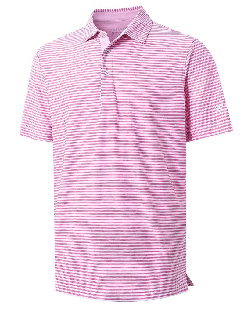 M MAELREG Mens Golf Shirt Short Sleeve Dry Fit Striped Casual Moisture Wicking Collared Golf Polo Shirts for Men Rose White