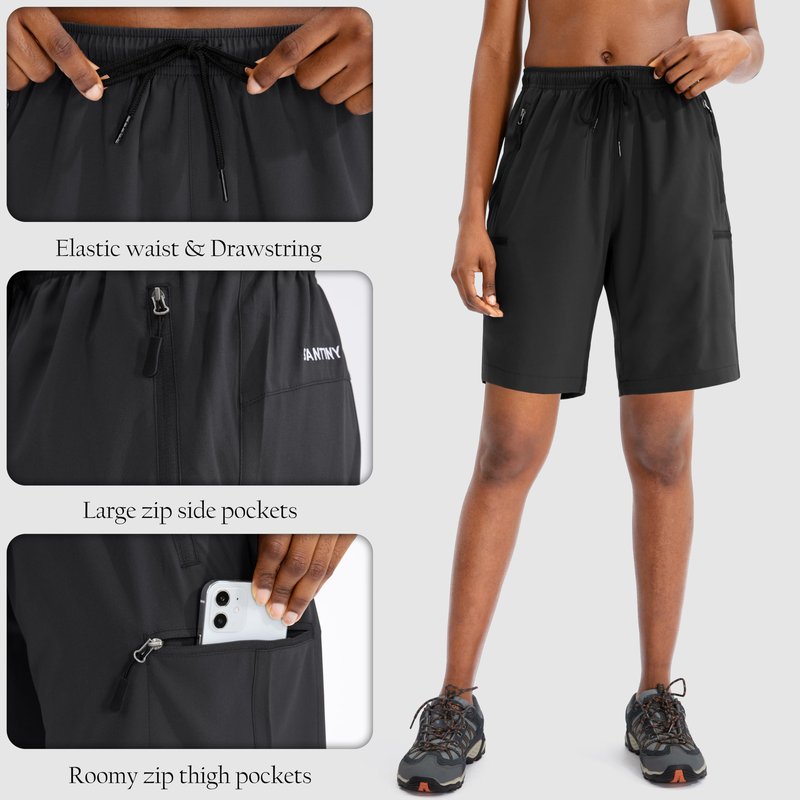 SANTINY Women's 5''/ 7''/9'' Hiking Cargo Shorts Quick Dry Lightweight Summer Shorts for Women Athletic Golf Zipper Pockets(Black_3XL)