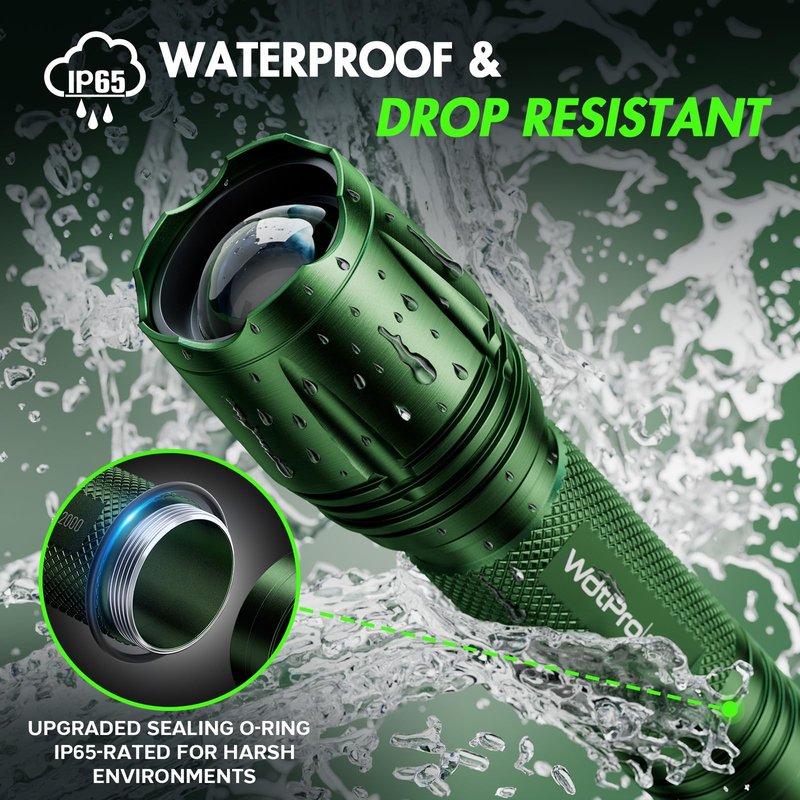 WdtPro LED Flashlight High Lumens SR2000 Pro, 2 Pack Brighter Tactical Flashlights with 5 Modes & Zoomable, Powerful Mini Flash Light for Emergency, Camping, Hiking (Green)