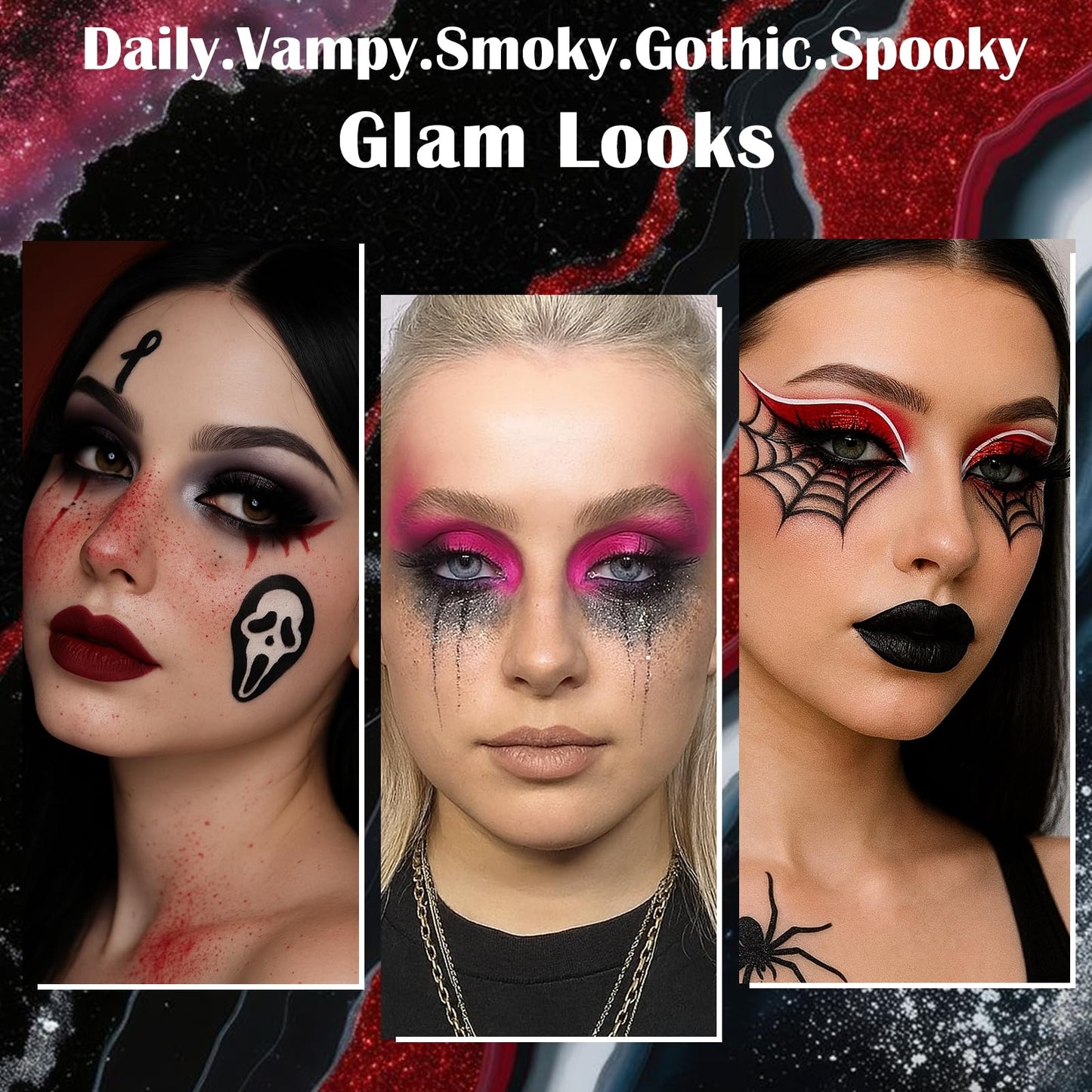 Black Red Goth Smokey Eyeshadow Palette Makeup-18 Colors Gray Silver Pink Burgundy Matte Shimmer Metallic Dark Eye Shadow Pallet for Christmas Halloween Clown Vampire Joker SFX Cosplay Costume Make Up