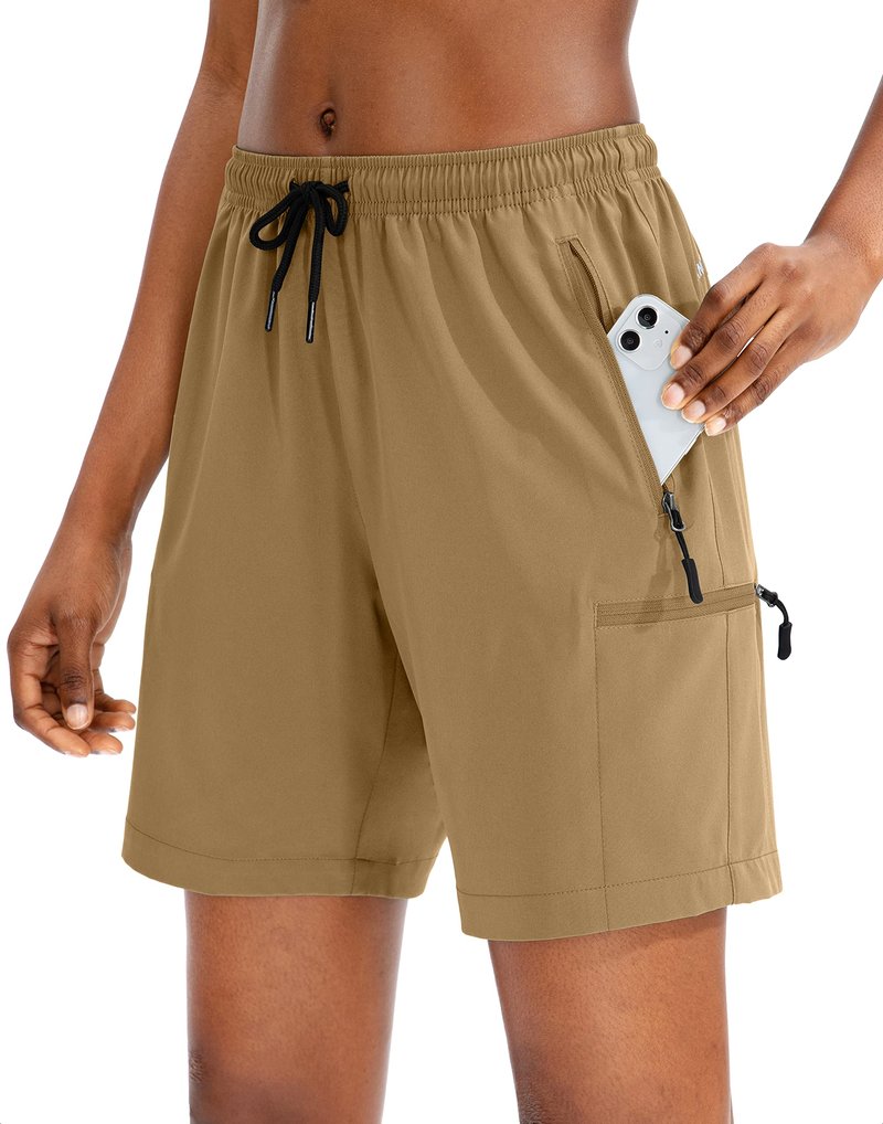 SANTINY Women's 5''/ 7''/9'' Hiking Cargo Shorts Quick Dry Lightweight Summer Shorts for Women Athletic Golf Zipper Pockets(Dark Khaki_S)