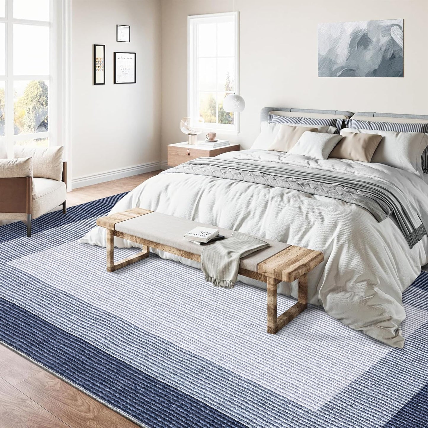 GarveeHome Washable Rug 8x10 Living Room Rugs, Modern Neutral Bordered Rug for Dining Room Solid Non Slip Low Pile Pet Friendly Large Carpet for Farmhouse Apartment Bedroom Dorm Blue