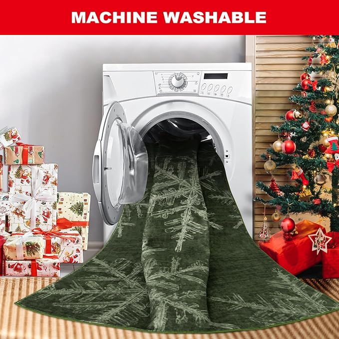 Lahome Snowflake Christmas Runner Rug, 2x6 Christmas Rug Runners for Hallways Soft Non Slip Kitchen Washable Runner Holiday Decor Ultra-Thin Carpet Runner for Bedroom Laundry(2x6ft,Green)