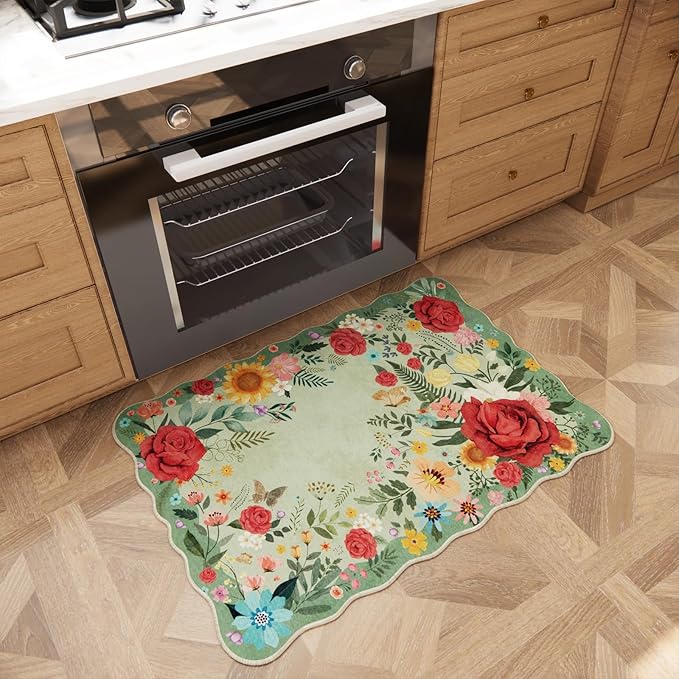 Washable Entryway Small Area Rugs: Door Mat Indoor Entrance 2x3 Floral Rug Ultra Thin Stain Resistant Non Slip Low Pile Lightweight Carpet for Kitchen, Front Door Decor (Light Green)