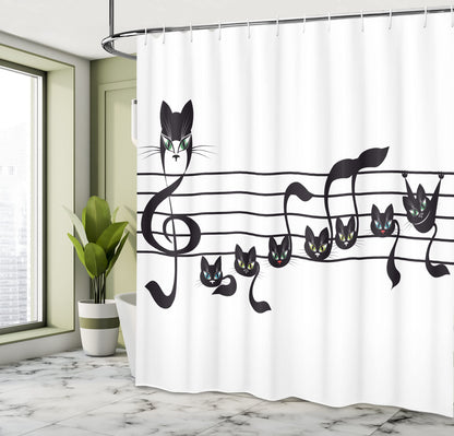 Ambesonne Music Shower Curtain, Notes of Kittens Kitty Cat Art Notation of Tune in Halloween Theme Monochrome Style of Artwork, Cloth Fabric Bathroom Set with Hooks, 69" W x 75" L, Cream and Black