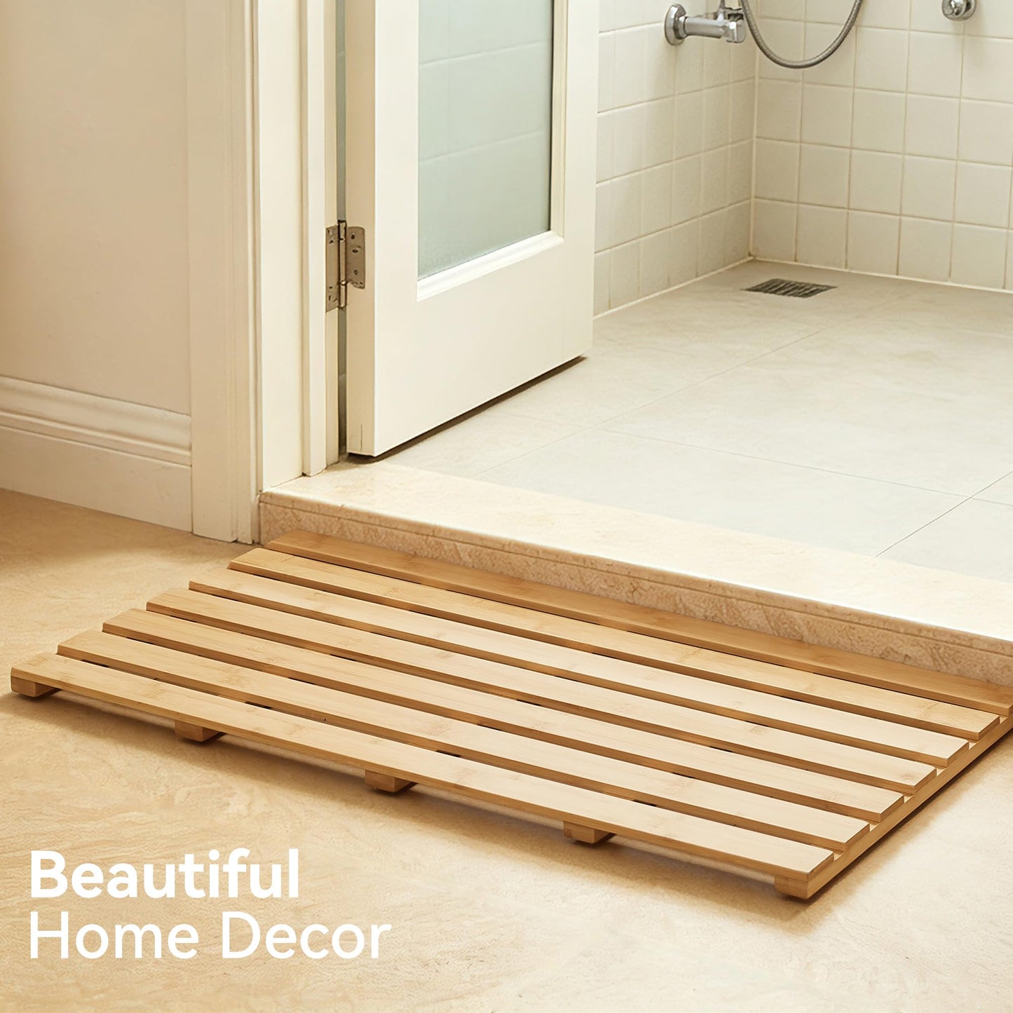 Yampos Bamboo Bath Mat, Non-Slip Waterproof Shower Mat with Rubber Feet Luxury Spa-Grade Wooden Floor Mat for Bathroom, Bathtub, Sauna, Indoor & Outdoor Use