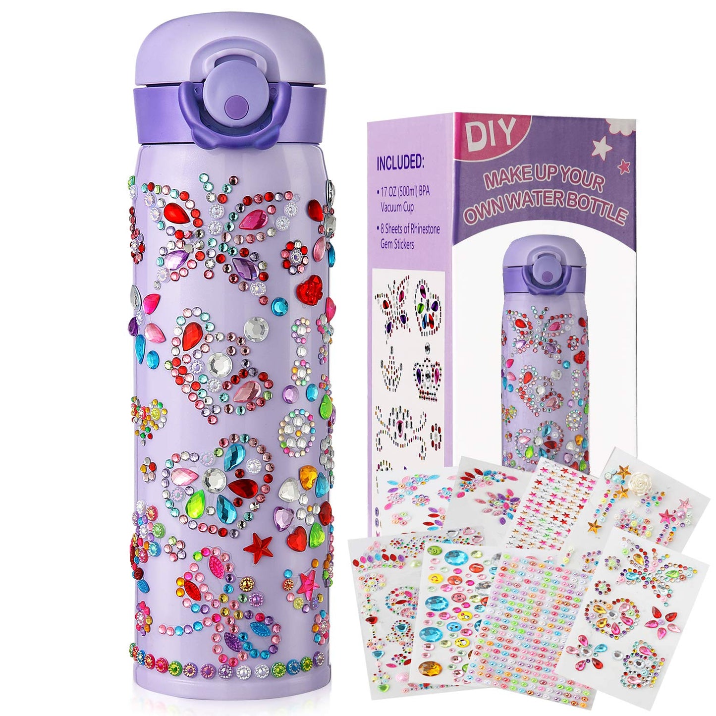 HULASO Gifts for Girls Decorate Your Own Water Bottles with Rhinestone Glitter Gem Stickers- Birthday Gifts for Kids DIY Arts and Crafts, BPA Free Stainless Steel Vacuum Insulated Mug (17 OZ)