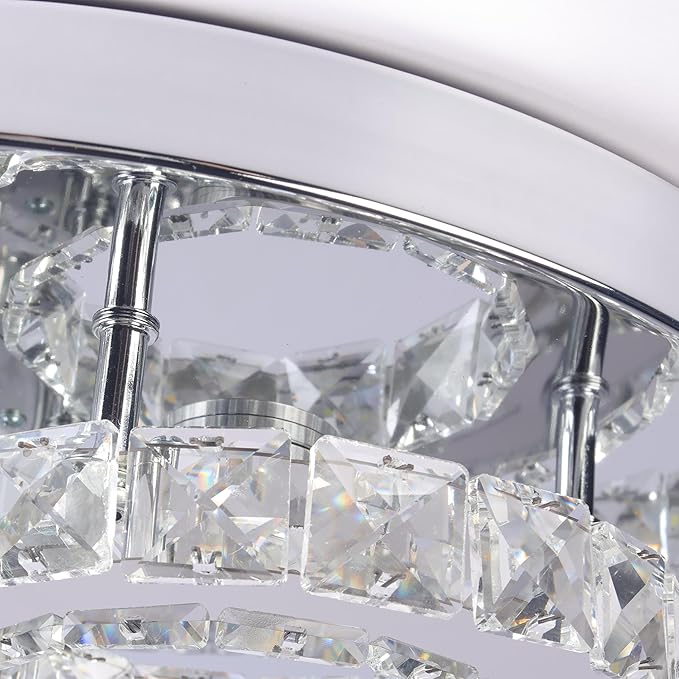 CXGLEAMING 15.7" Crystal Chandelier Modern LED Ceiling Light Moon Shape Crystal Flush Mount Ceiling Lights Fixture for Bedroom Living Room Kitchen Hallway (6500K Cool White)