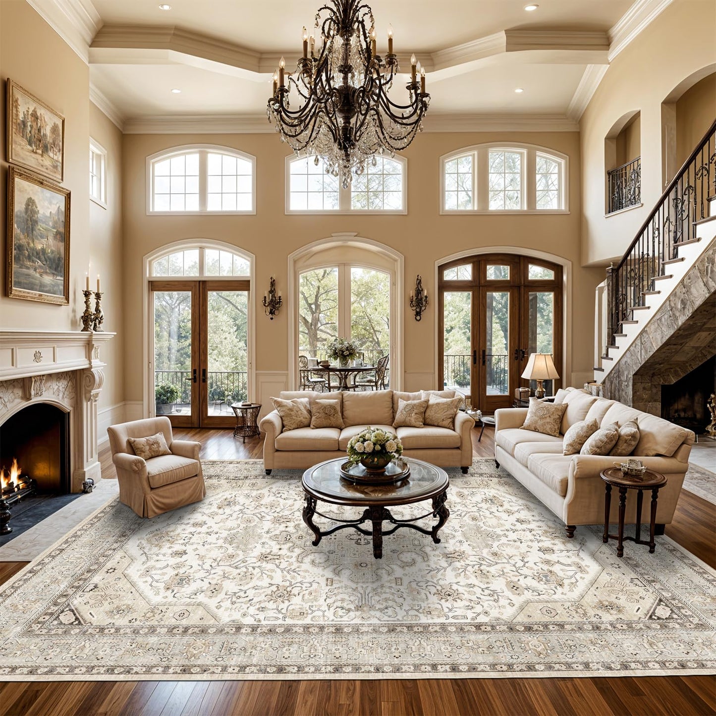 HILORUUG Living Room Area Rugs 10x14: Extra Large Area Rug Super Soft Distressed Oriental Rugs with Non-Slip Backing - Thin Stain Resistant Indoor Rug - 10x14 Ivory