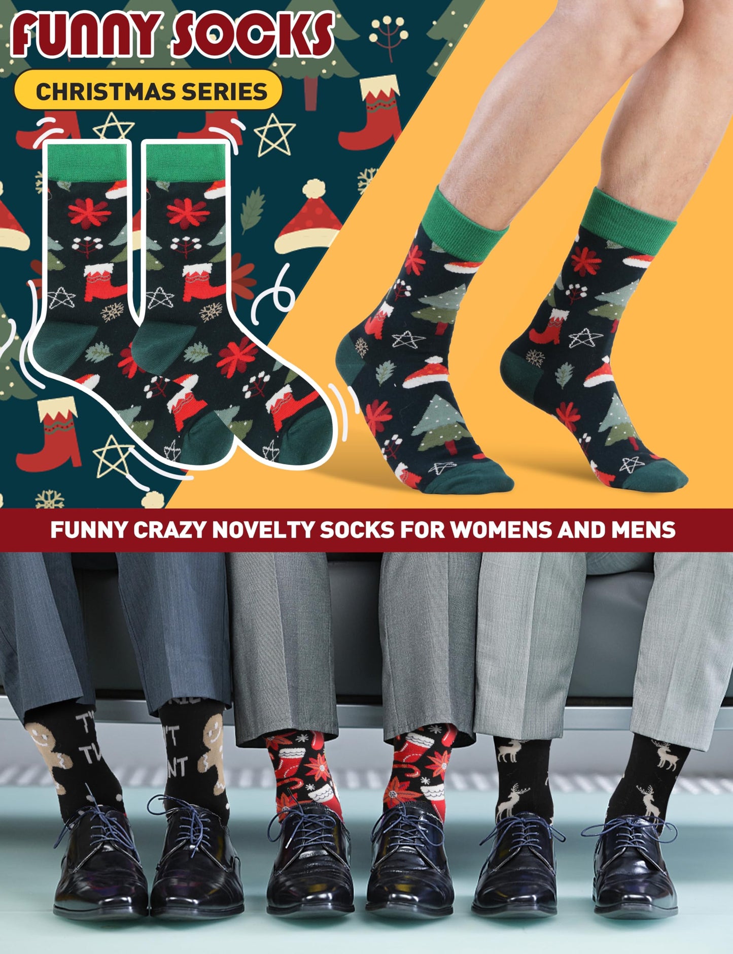MOGGEI Funny Christmas Socks Fun Cozy Crazy Cute Novelty Fashion Gift Breathable Cotton Boot Socks Stocking Stuffers(Christmas Style(12 Pairs),L)