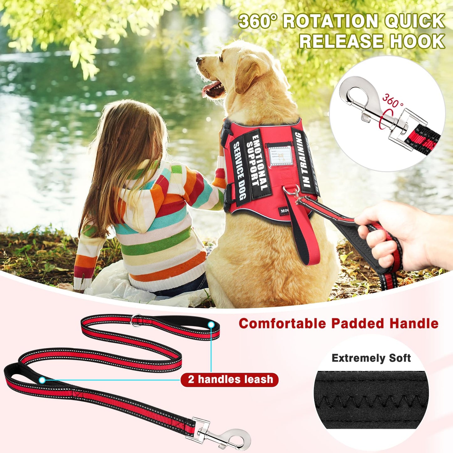 MOOGROU Service Dog Vest Harness and Leash Set+10 Patches,No Pull&Adjustable Reflective Dog Harness with Soft Padded Handle for Training/Everyday,Fit Small/Medium/Large/Extra-Large Dogs (Red S)