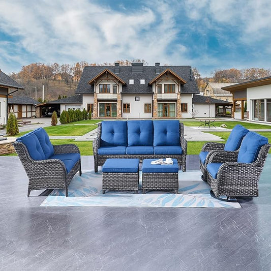 Rilyson Wicker Patio Furniture Set - 6 Piece Rattan Outdoor Sectional Conversation Sets with 2 Rocking Swivel Chairs,2 Ottomans,1 Sofa and 1 Loveseat for Porch Deck Garden(Mixed Grey/Blue)