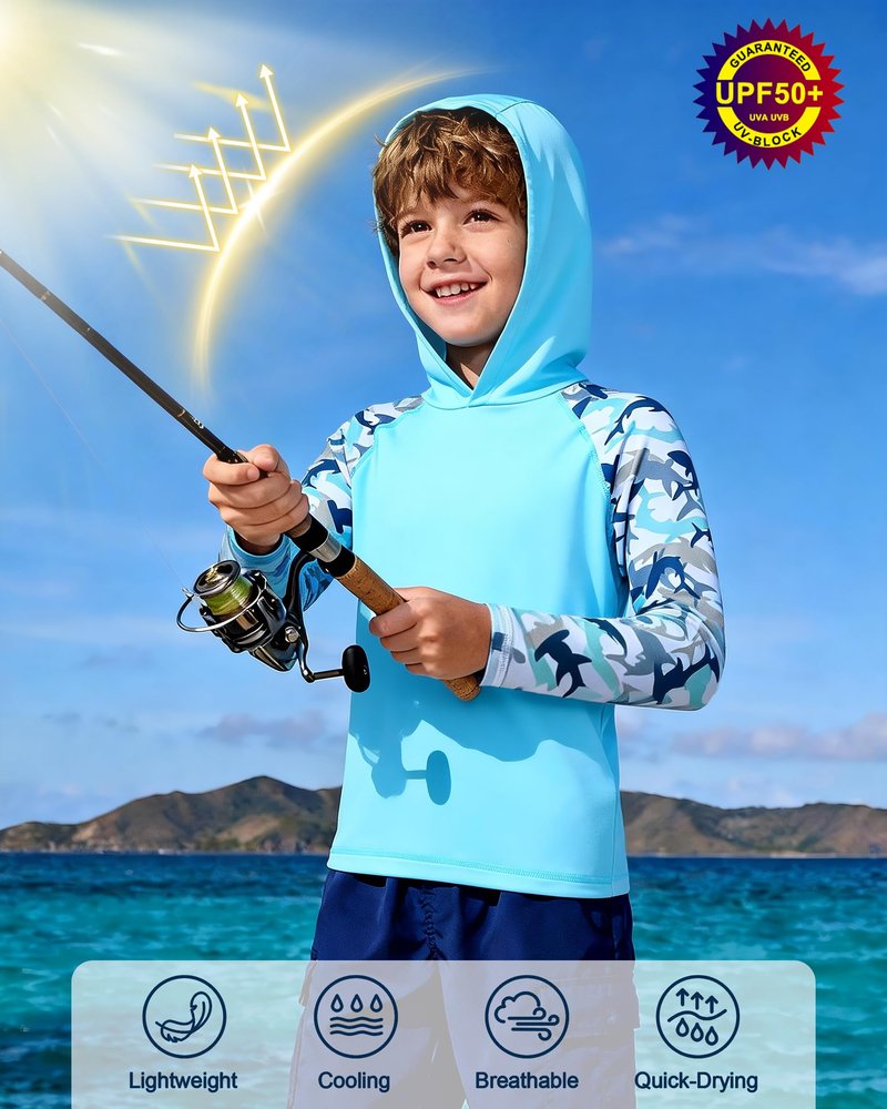 DRONIRING Boys Rash Guard Swim Hoodie, UPF 50+ UV Sun Protection Long Sleeve Fishing Shirt, Kids Youth SPF Water Shirts