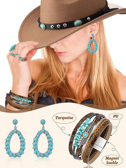 Suhine 9 Pack Western Outfits for Women Cowgirl Fringe Vest Boho Cowboy Hat Turquoise Jewelry Kit for Halloween Costume(Small,Khaki)