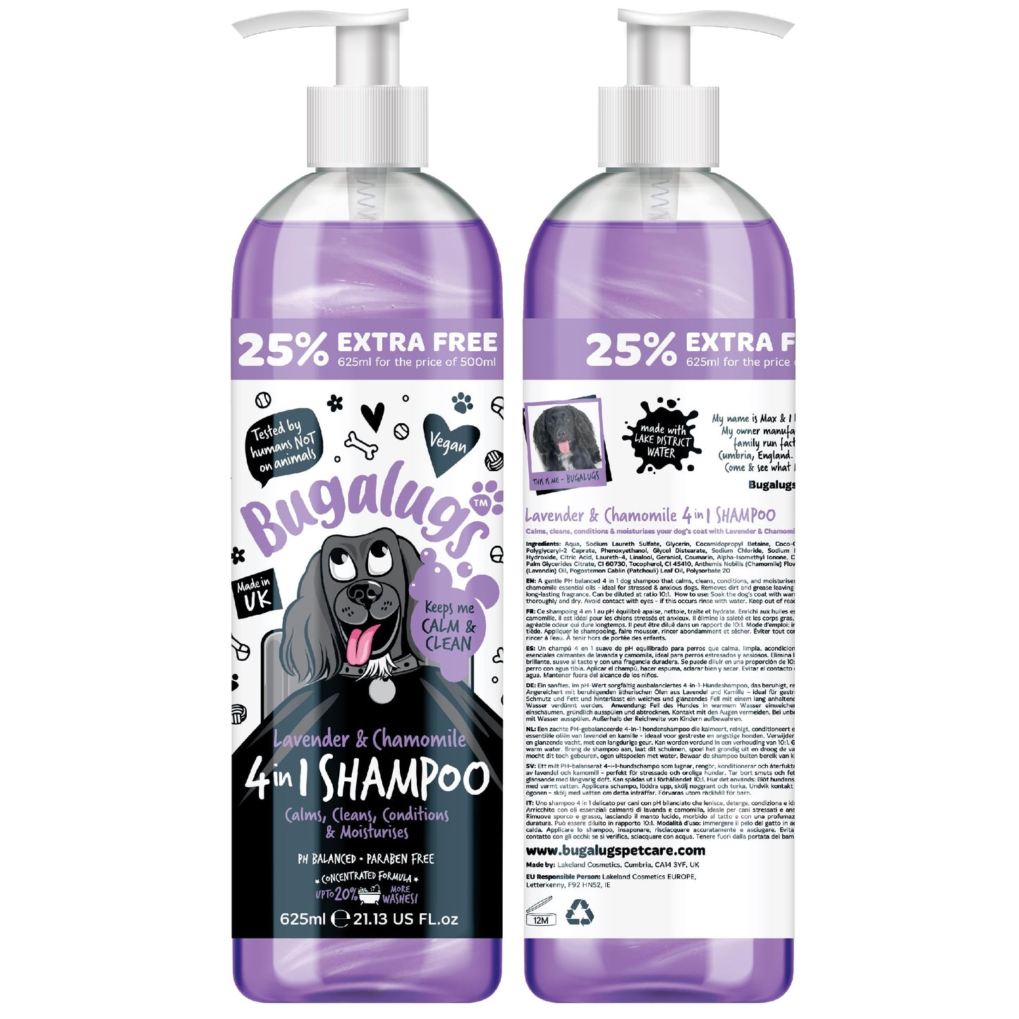 Dog Shampoo by Bugalugs lavender & chamomile 4 in 1 dog grooming shampoo products for smelly dogs, best puppy shampoo, professional groom Vegan pet shampoo & conditioner (625ml)