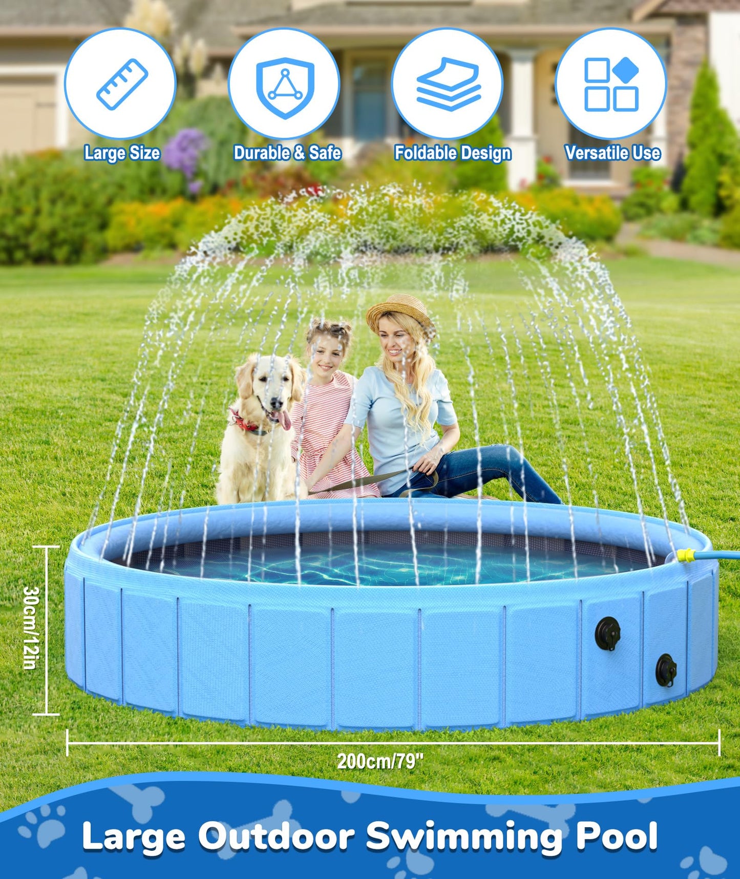 EPN Large Foldable Dog Pool – 0.55MM PVC 2-in-1 Portable Bathtub & Sprinkler for Dogs, Cats, Kids – Heavy Duty, Non-Slip, Summer Water Toy (79")