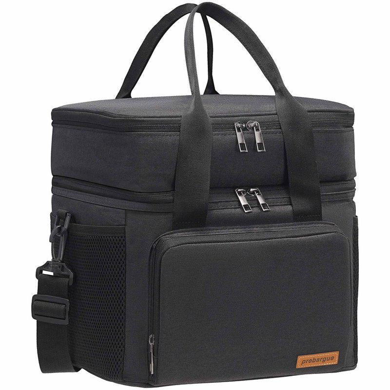 Prebargue Lunch Bag-Double Deck Insulated Lunch Box for Men Women, Soft Leakproof Thickened Cooler Bag for Work , Picnic, Outdoor, Camping, Travel with 2 Ice Packs(Black，15L)