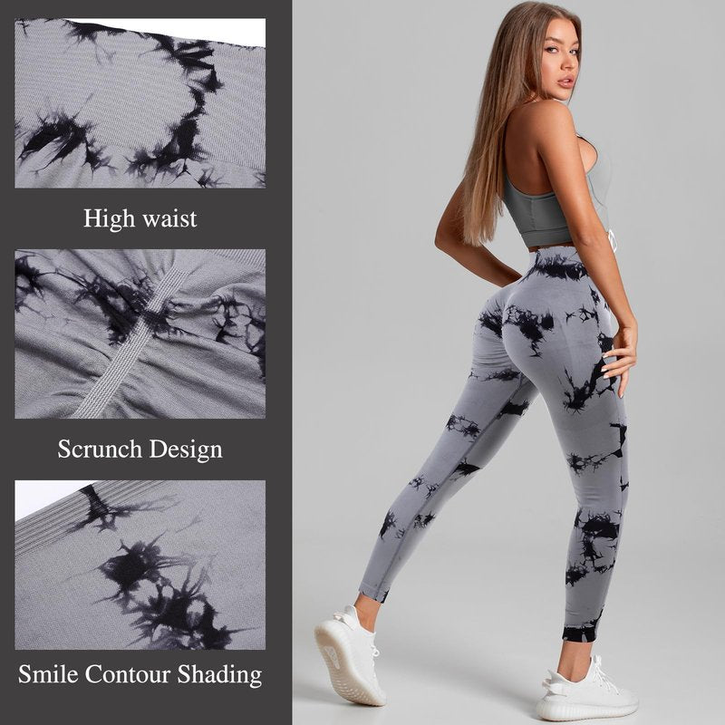 Mumucove 4 Pcs Womens Workout Leggings Tie Dye High Waisted Yoga Pants Seamless Scrunch Butt Lifting Compression Tights (Brown, Gray, Black, White,Large)