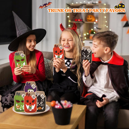 Giiffu 50-Pack Halloween Mason Jar Cards with 50 Clear Treat Bags – DIY Trick-or-Treat Goodie Bags for Kids, Classroom Halloween Party Favors & Gift Exchange