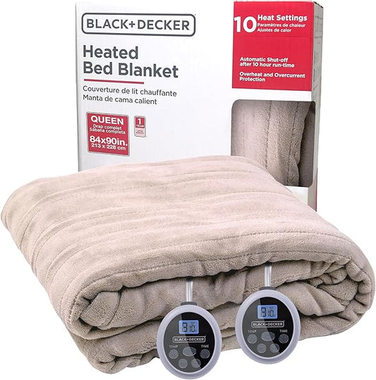 BLACK+DECKER Heated Blanket Electric Queen, Micro Plush Electric Blanket, Heating Blanket with 10 Heating Levels, 10H Timer, Auto Shutoff, Dual Zone Heating, Fast Heating (84x90 inches, Cream)