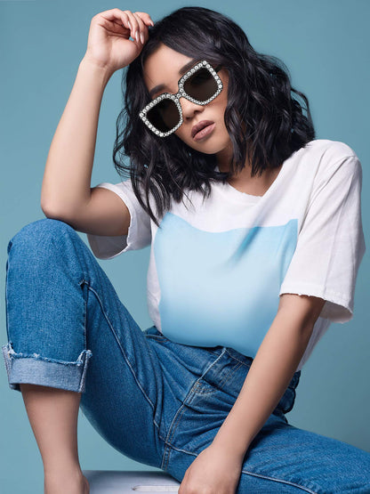 Frienda 1 Pcs Retro Disco Sunglasses Women Rhinestone Bling Glasses Girl Oversize Glitter Sunglasses 70s Disco Accessories(Black)