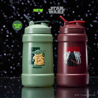BlenderBottle Star Wars Mandalorian Half Gallon Water Bottle, Koda Large Water Jug, 74oz, Yoda, Feel The Force, 2.2 Liters