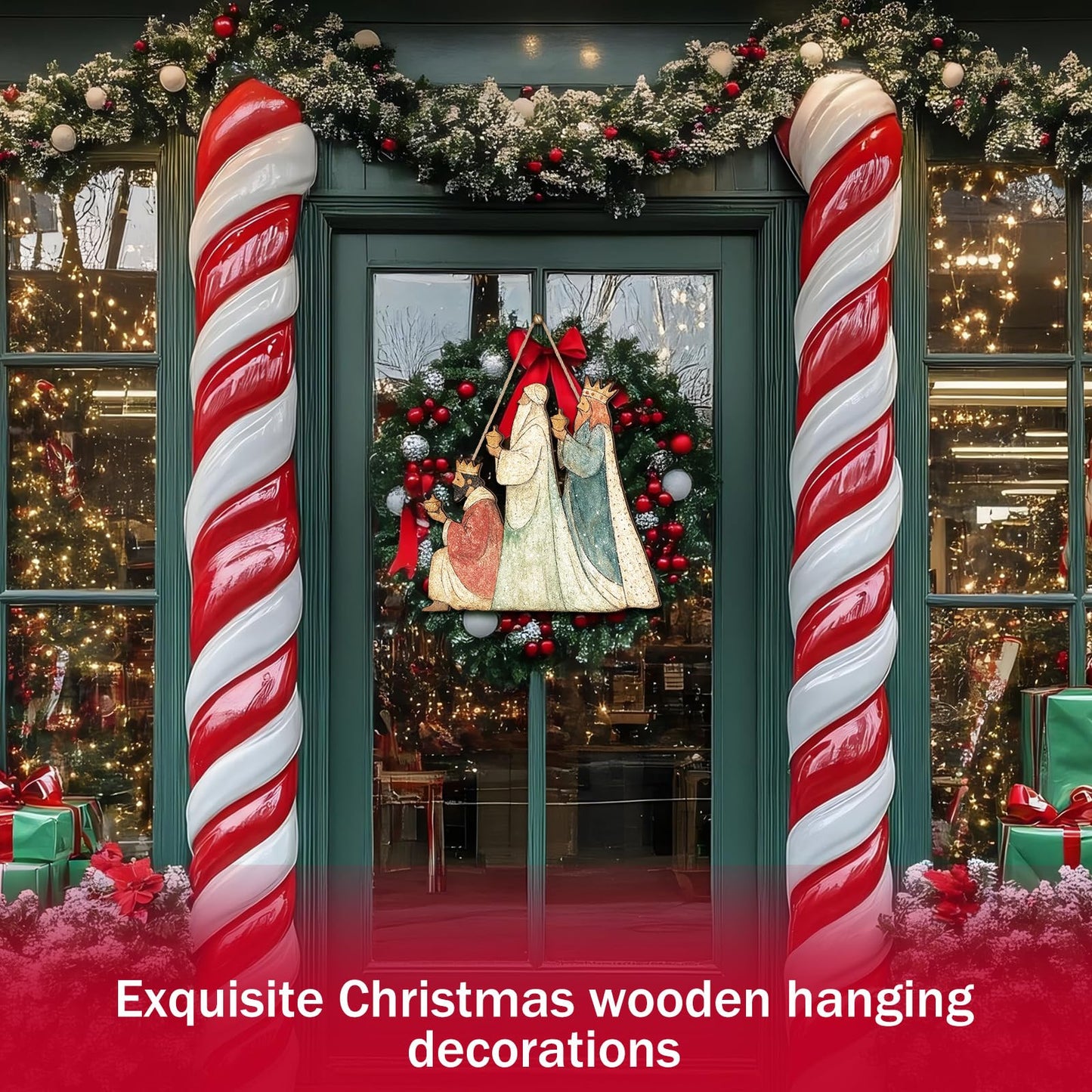 Anglechic Christmas Nativity Scene Door Sign Three Wise Men Wooden Front Door Signs Reyes Magos Hanger Wreath for Holiday Porch Wall Window Fireplace Indoor Home Christmas Decor