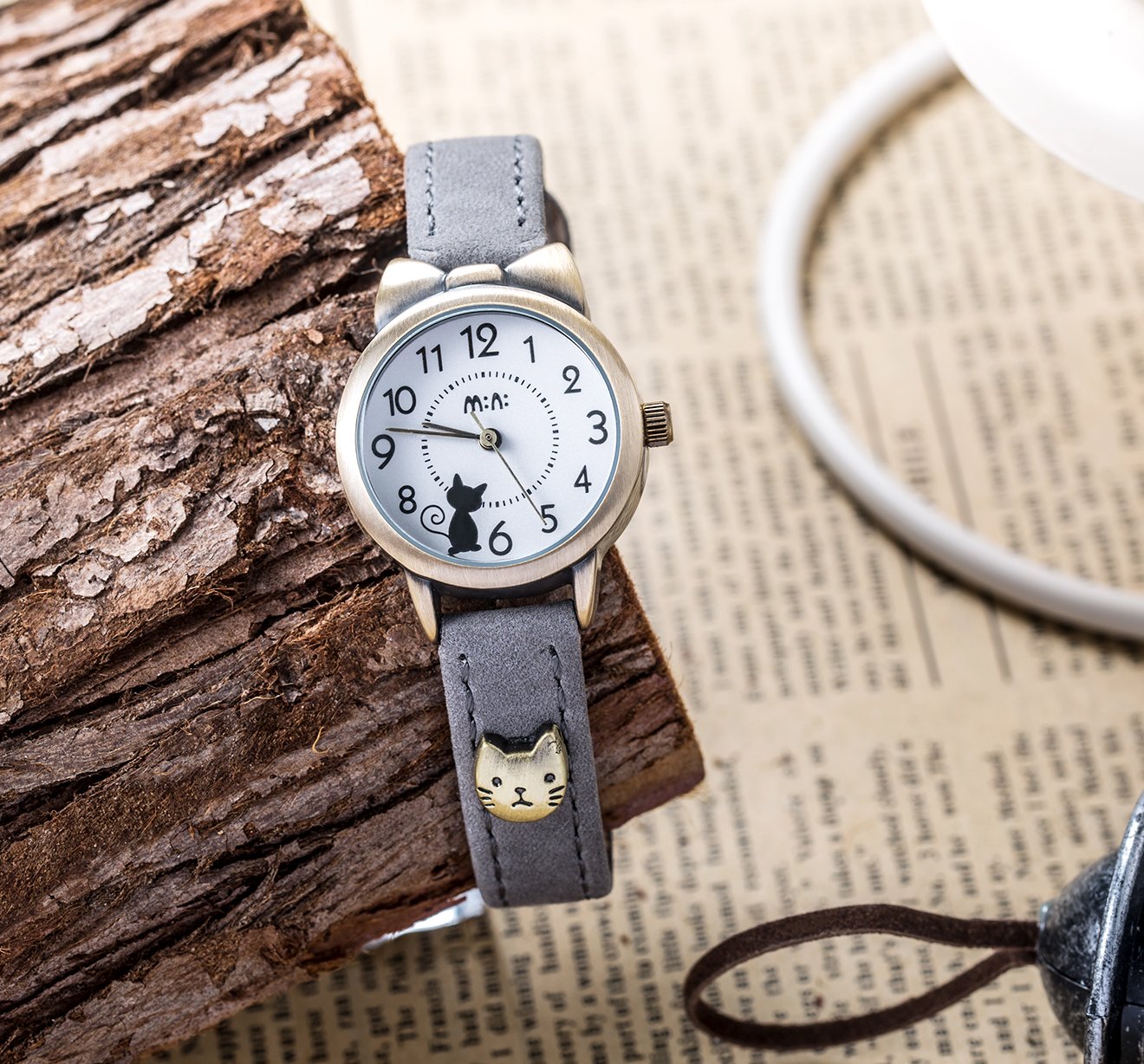 DREAMING Q&P Fq-234 Brown Leather Strap Bowknot Kitty Design Students Girls Woman Quartz Wrist Watches