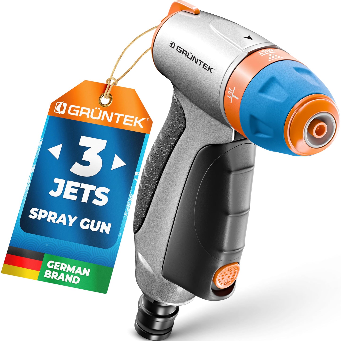 GRÜNTEK Metal Garden Hose Jet Spray Gun: High Pressure Spray Nozzle for Car Washing, Cleaning, or Fine Shower Spray for Watering Flowers, Lawn, and Garden