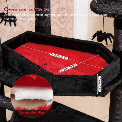 YARUOMY Gothic Cat Tree with Coffin Bed，55" Cat Tower with Spacious Cat Condo，Scratching Posts，Spider Hanging Ball，Multi-Level Cat Activities Furniture for Large Cats, Black Halloween