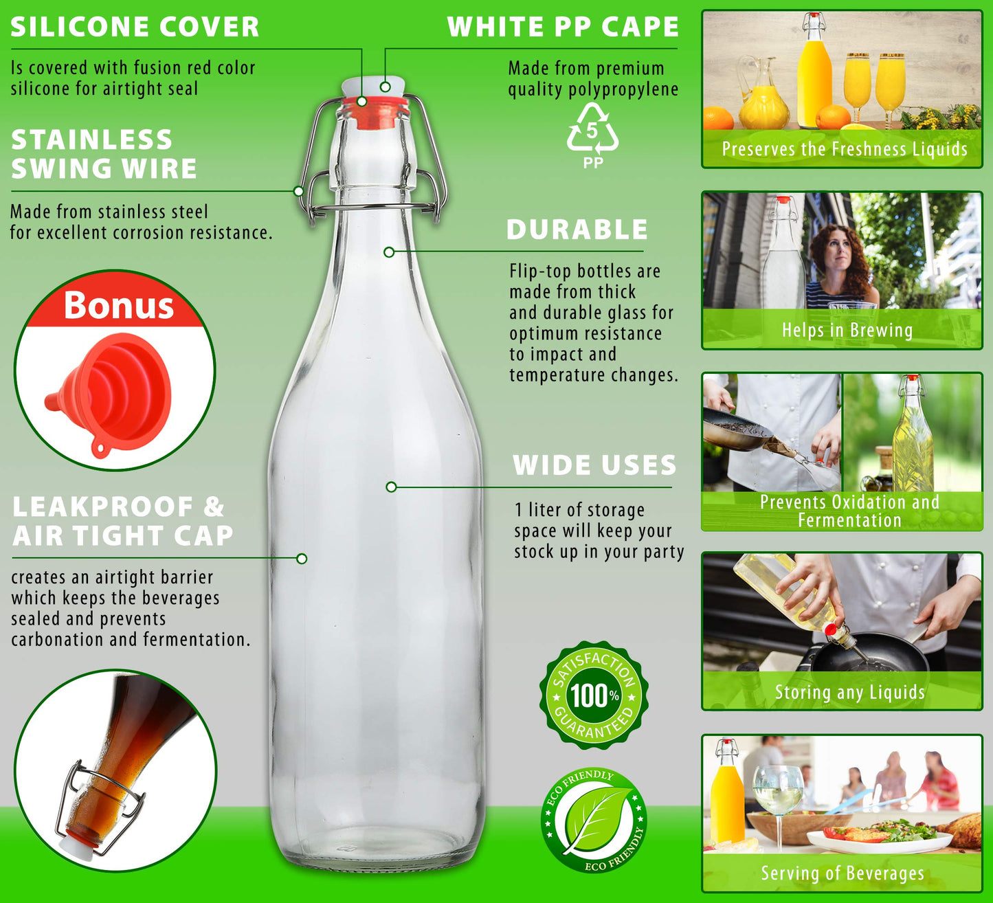 Flip Top Glass Bottle [1 Liter / 33 fl. oz.] [Pack of 6] – Swing Brewing with Stopper for Beverages, Oil, Vinegar, Kombucha, Beer, Water, Soda, Kefir Airtight Lid & Leak Proof Cap Clear