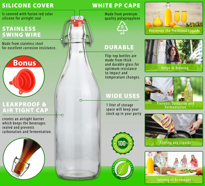 Flip Top Glass Bottle [1 Liter / 33 fl. oz.] [Pack of 6] – Swing Brewing with Stopper for Beverages, Oil, Vinegar, Kombucha, Beer, Water, Soda, Kefir Airtight Lid & Leak Proof Cap Clear