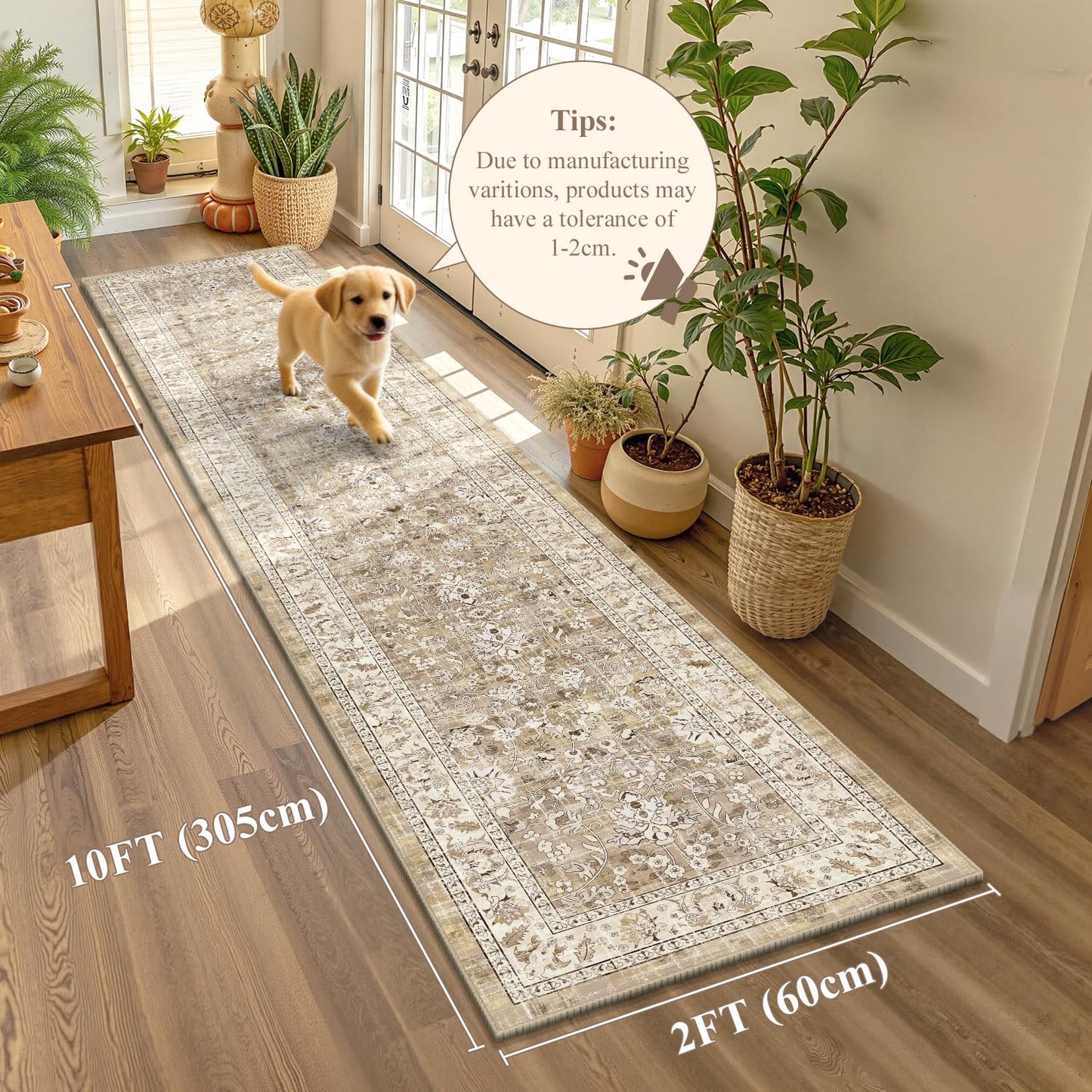 LOKHOM Washable Runner Rug, 2x10 Non-Slip Boho Hallway Rug with Rubber Backing, Vintage Soft Stain Resistant Distressed Kitchen Runner Rug for Kitchen Laundry Entryway Bedroom (Beige Brown)