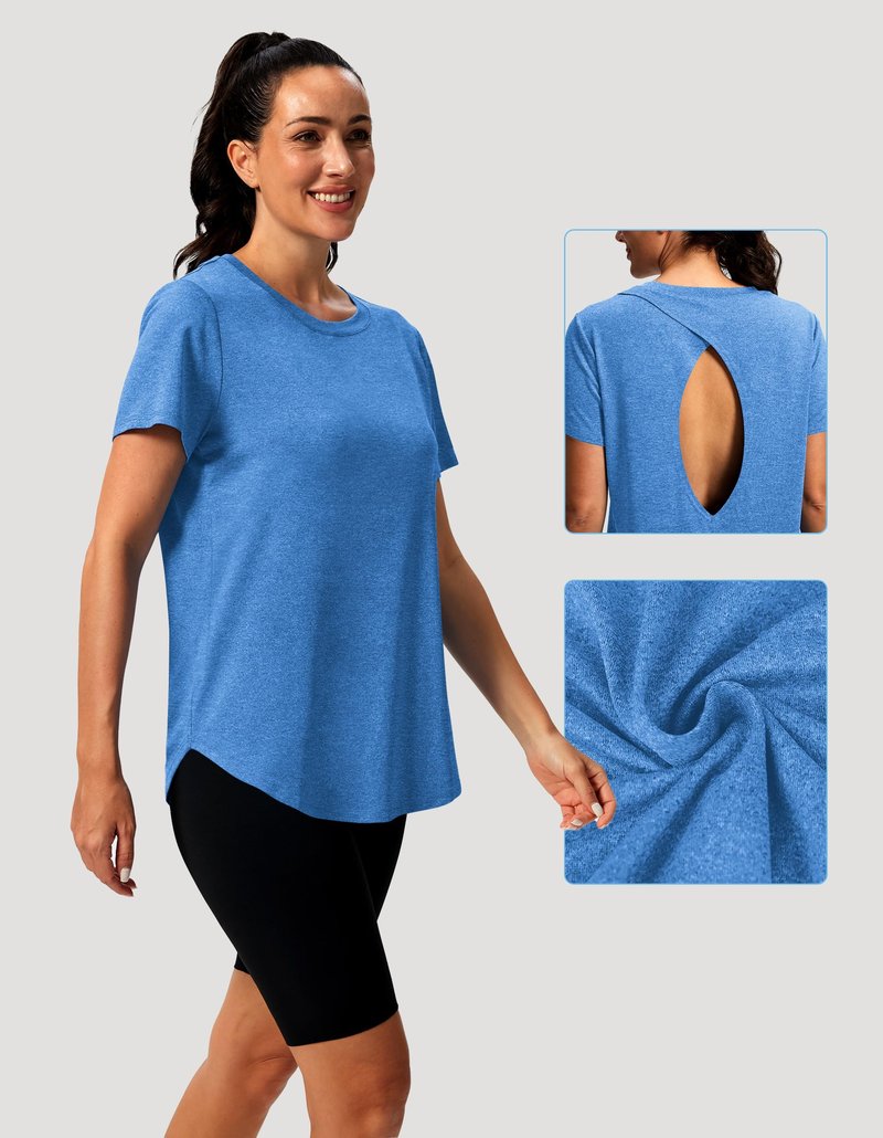 Alaroo Gym Tops for Women Open Back Short Sleeve Workout Shirts Athletic Yoga Pilates Outfits Summer Rash Guard Clothes Azure S