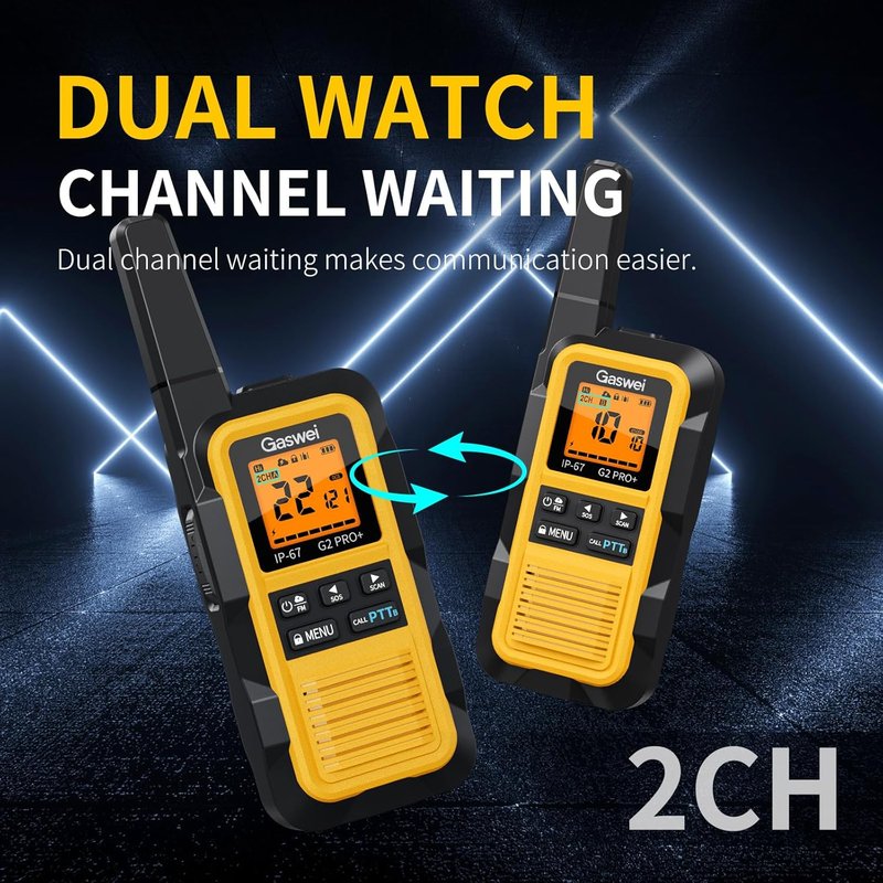 G2pro+ Waterproof Walkie Talkies - Long Range Heavy Duty Two-Way Radios | Rechargeable, FM Radio, SOS, NOAA Weather (2 Pack - Yellow)