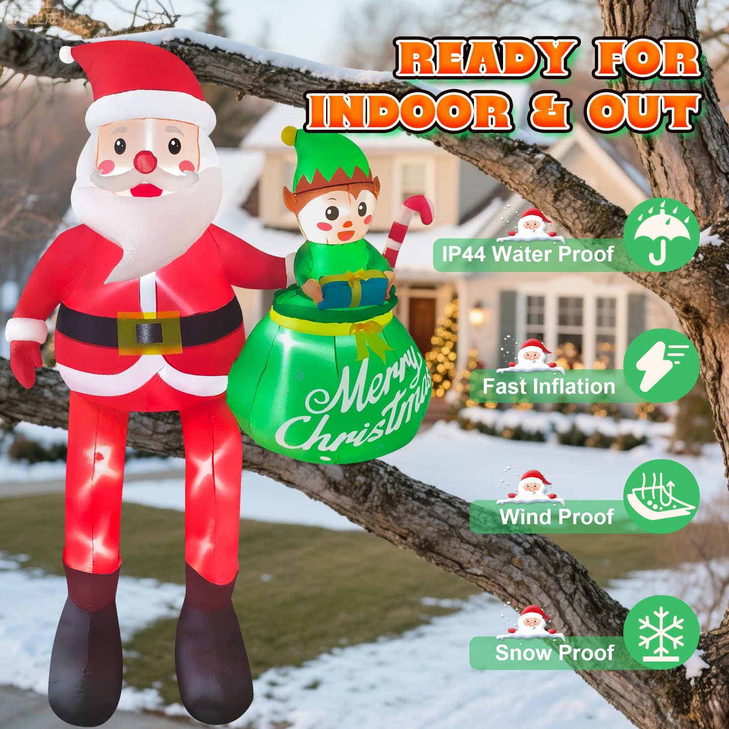 CORALMEE 10FT Christmas Inflatable Santa Claus Outdoor Decorations, Climbing Santa Inflatable Yard Decor with Elf & Built-in LEDs, Giant Christmas Blow up Decorations for Roof Balcony Plaza Street