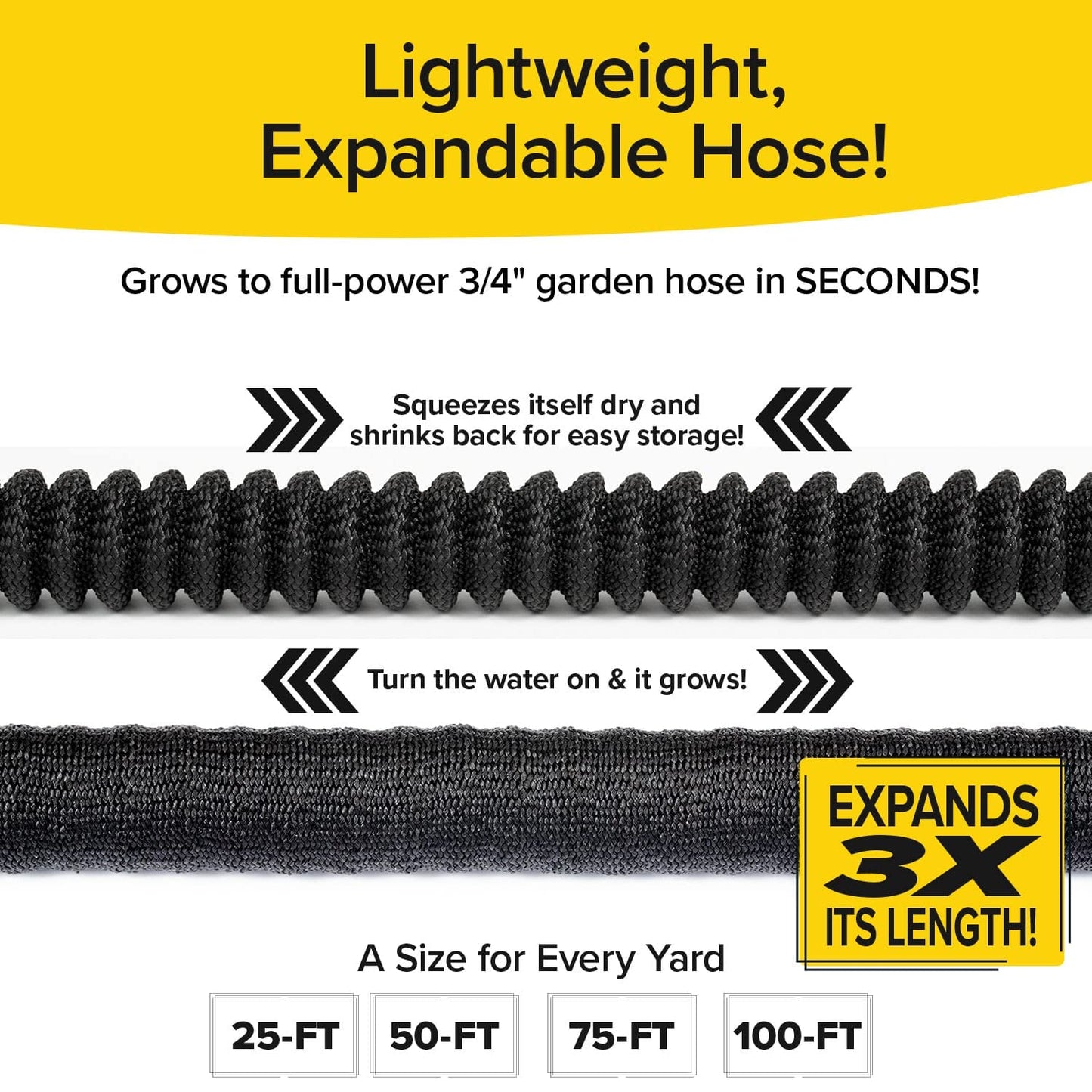 Pocket Hose Silver Bullet 100 ft Turbo Shot Nozzle Multiple Spray Patterns Expandable Garden Hose 3/4 in Solid Aluminum Fittings Lead-Free Lightweight and No-Kink, Black