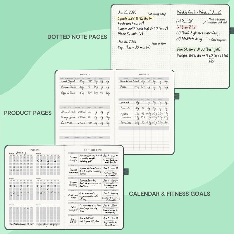 &And Per Se Workout and Food Journal – Fitness Journal with Daily Diet Tracker & Gym Exercise Log Book for Men & Women – Undated, A5 Size, Leather Hardcover (Forest Green)