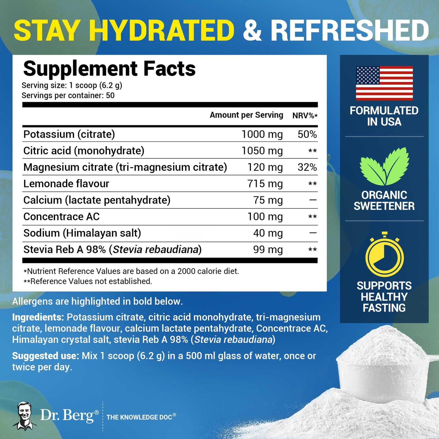 Dr. Berg Zero Sugar Hydration Keto Electrolyte Powder - Enhanced w/ 1000 mg of Potassium & Real Pink Himalayan Salt (NOT Table Salt) - Lemonade Flavor Hydration Drink Supplement - 50 Servings