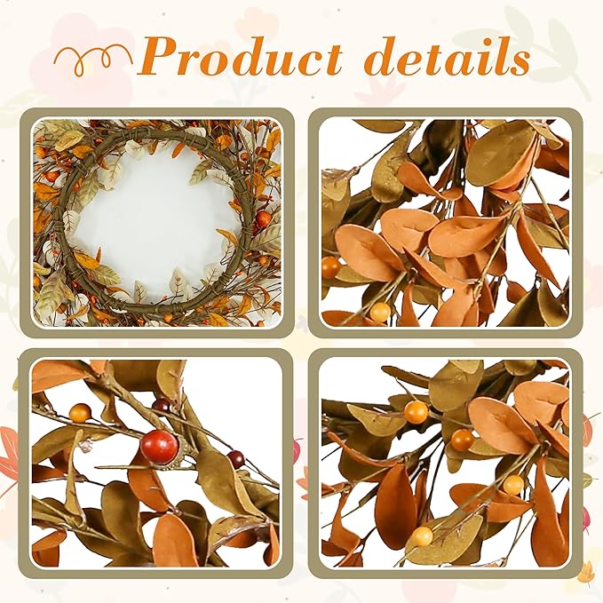 YNYLCHMX 18" Fall Wreaths for Front Door, Artificial Autumn Wreath, Fall Door Wreath with Brown Eucalyptus Leaves for Home Porch Window Wall Farmhouse Decor, Indoor Outdoor, Holiday Decor