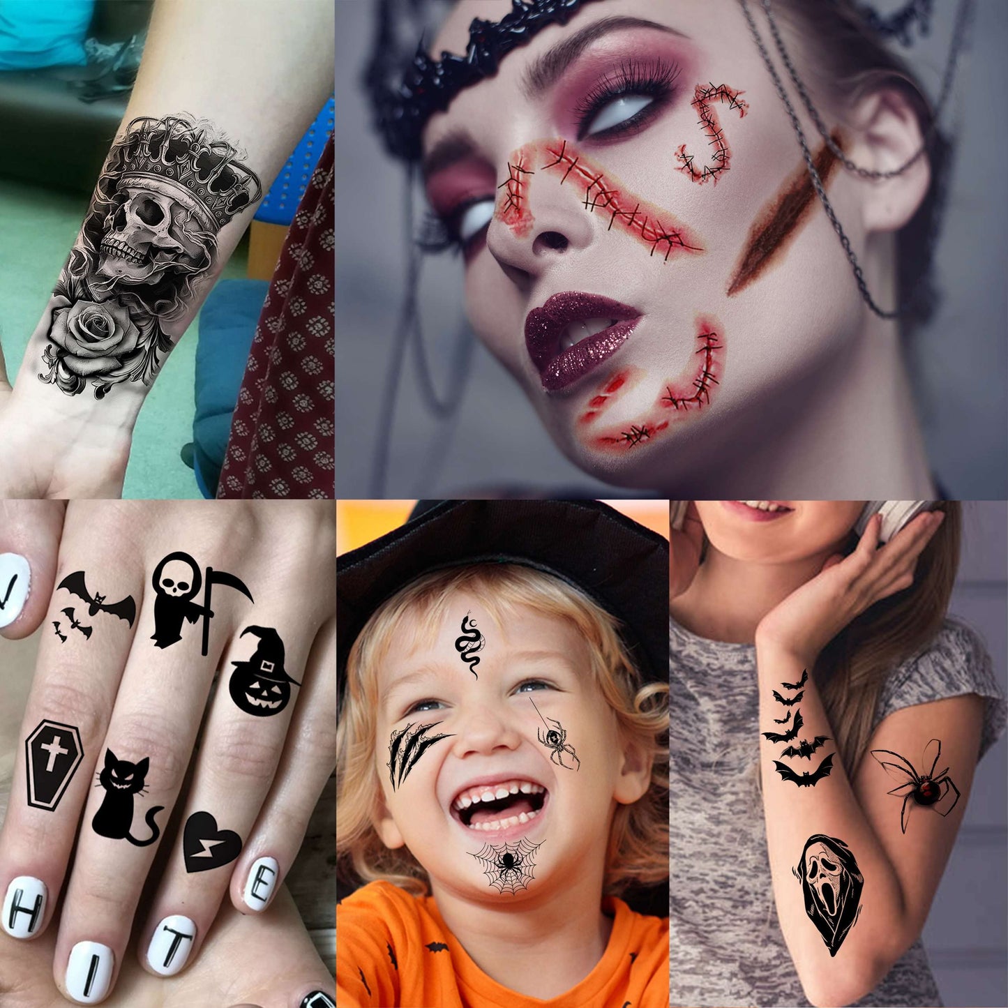 TASROI 236+ PCS 45 Sheets Halloween Temporary Tattoos For Kids Zombie Makeup Kits 3D Bats Spider Web Witch Small Black Ghost Pumpkin Face Stitches Fake Scar Tattoo Stickers For Women Adult Men Skull