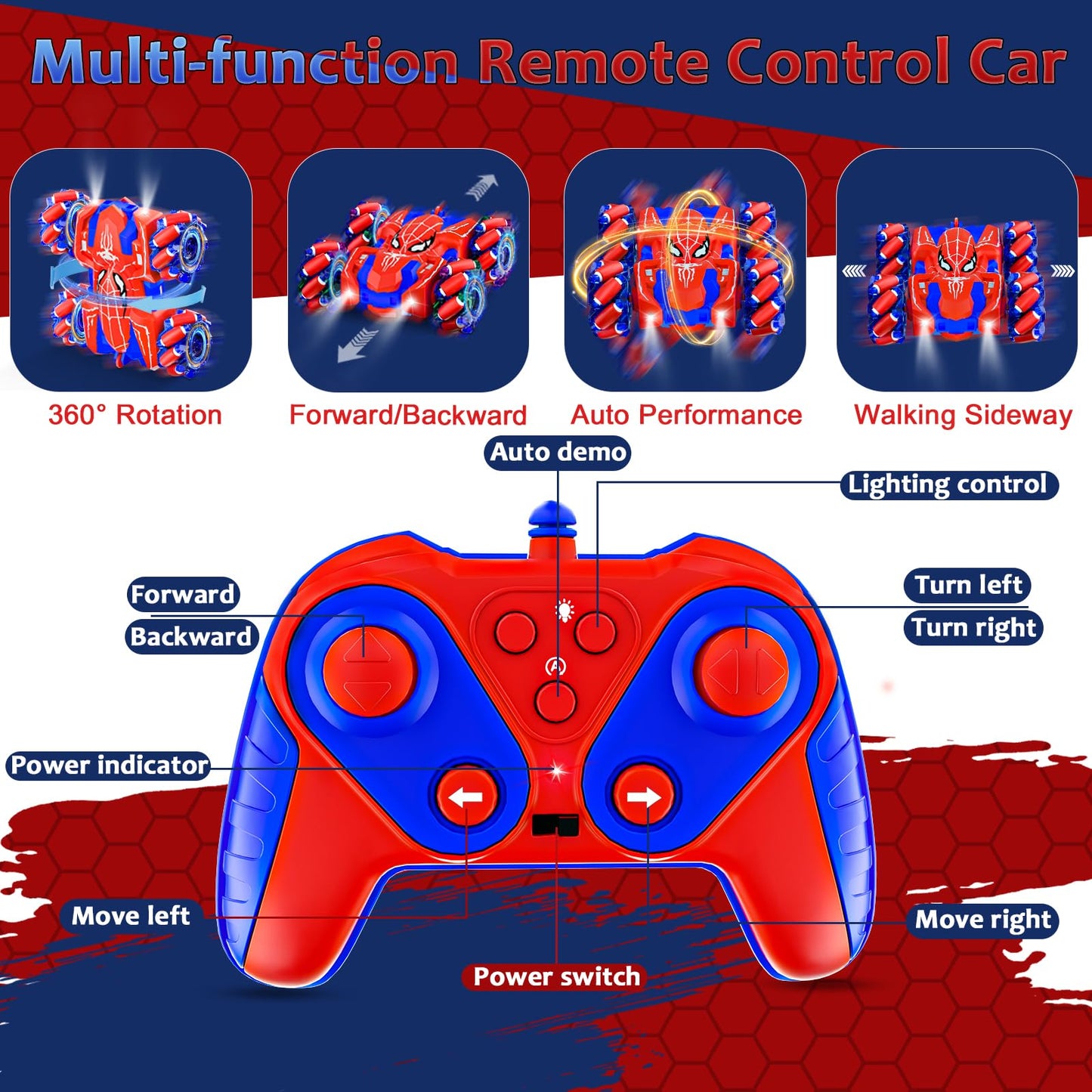 Spider Remote Control Car for Boys, Rechargeable RC Cars Toys with Cool Lights, 2.4Ghz Double Sided Drift RC Stunt Cars, 360°Rotating 4WD Off-Road Race Car for 4-6 6-12 Boy Kids Gifts