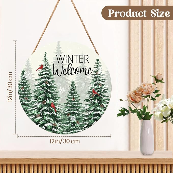 Winter Welcome Sign for Front Door Christmas Cardinal Bird Wood Door Hanger for Outdoor Outside Porch Snowflake Pine Trees Round Hanging Signs Holiday Decor for Home Wall Porch Yard 12"x12"