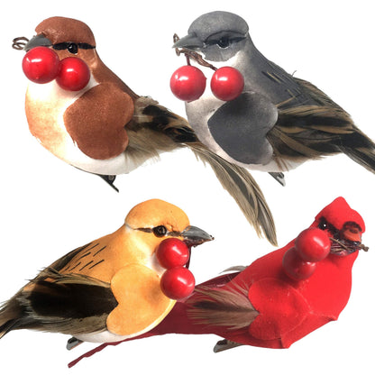 Feathered Song Bird Clip-On Christmas Ornaments - Set of 8 Assorted Styles of Birds with Metal Clips - Cardinals Orioles Finches Chickadees - $2.12 Each - Carrying Red Berries - Measures 4"W
