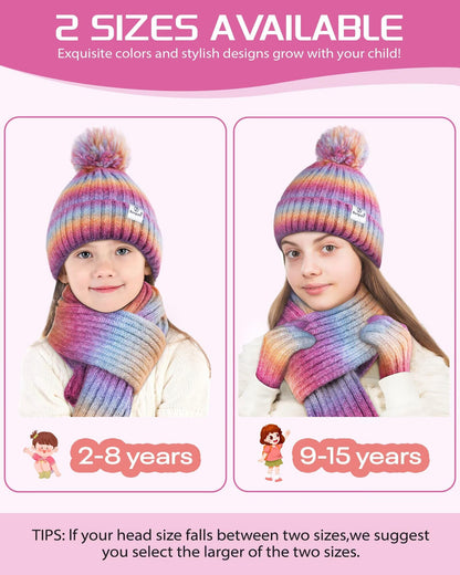 Kids Winter Beanie Gloves Scarf Set,Girls Toddler Winter Hat With Pom Neck Warmer Gaiter Mittens Fleece Lined Set Christmas Gift for Kids