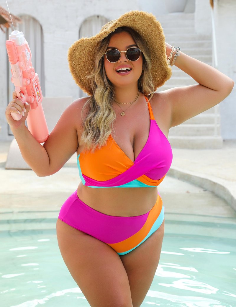 Blooming Jelly High Waisted Bikini Sets for Women Push Up 2 Piece Swimsuits Color Block Swim Suits 2025 (L, Orange Pink)