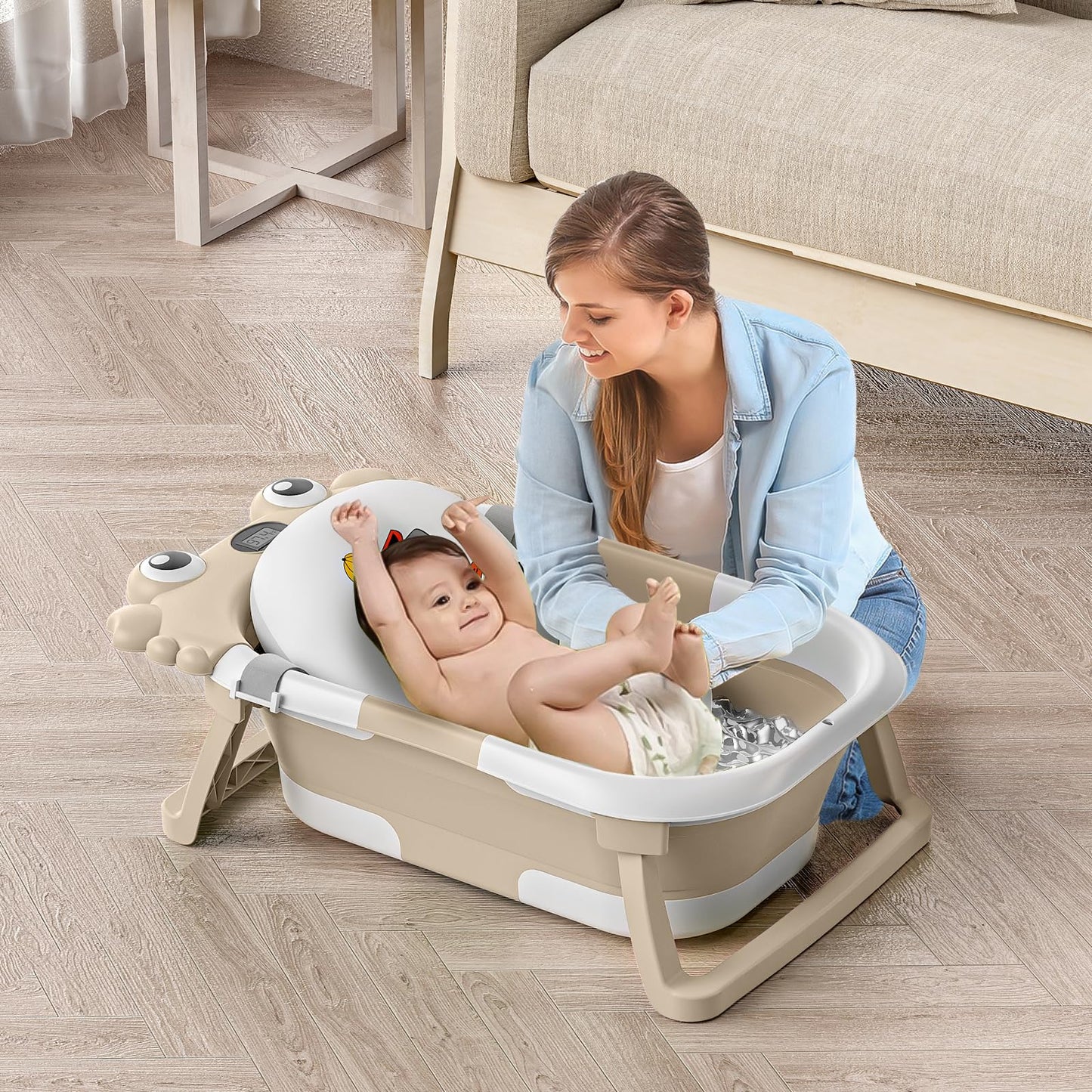 Collapsible Baby Bathtub for Infants to Toddler with Real-time Temp Monitor+Floating Cushion,Foldable Baby Bath Tub Set Applicable 0-36 Month,Portable Travel Baby Tub for Newborns Boy (Beige)