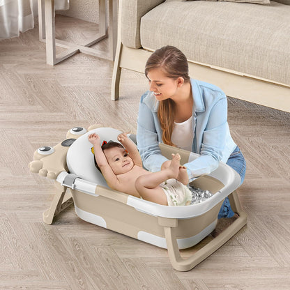 Collapsible Baby Bathtub for Infants to Toddler with Real-time Temp Monitor+Floating Cushion,Foldable Baby Bath Tub Set Applicable 0-36 Month,Portable Travel Baby Tub for Newborns Boy (Beige)